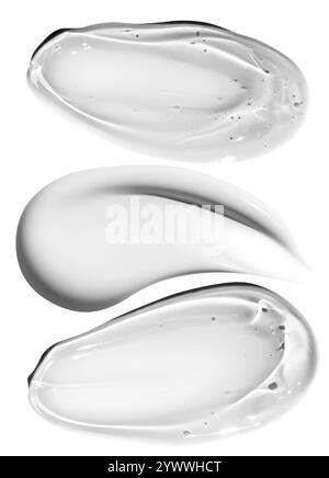 Composition de frottis de crème blanche et de frottis de gel transparent sur un fond vide. Produits de soin de la peau, textures hydratantes et hydratantes. Banque D'Images