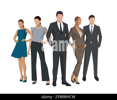 Hommes d'affaires, hommes et femmes debout dans des vêtements formels, groupe de conception plate isolé illustrations vectorielles géométriques. Travail d'équipe Illustration de Vecteur