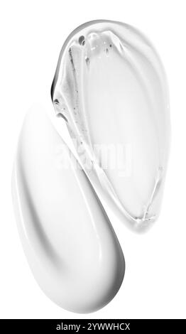 Composition de frottis de crème blanche et de frottis de gel transparent sur un fond vide. Produits de soin de la peau, textures hydratantes et hydratantes. Banque D'Images