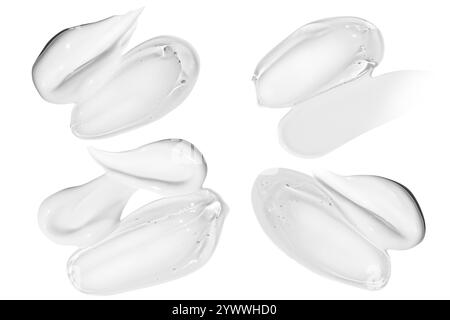 Ensemble de compositions comportant des frottis de crème blanche et des frottis de gel transparent sur un fond vide. Produits de soin, texte hydratant et hydratant Banque D'Images