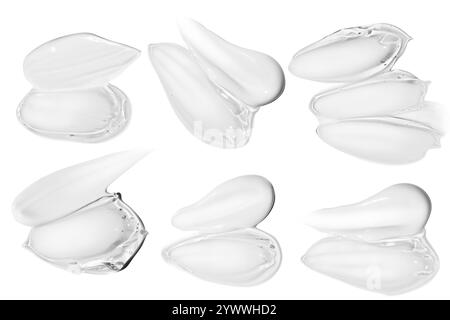 Ensemble de compositions comportant des frottis de crème blanche et des frottis de gel transparent sur un fond vide. Produits de soin, texte hydratant et hydratant Banque D'Images