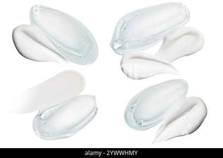 Ensemble de compositions comportant des frottis de crème blanche et des frottis de gel bleu transparent sur un fond vide. Produits de soins de la peau, hydratants et hydratants Banque D'Images