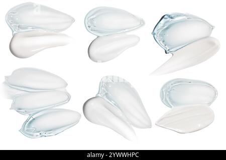 Ensemble de compositions comportant des frottis de crème blanche et des frottis de gel bleu transparent sur un fond vide. Produits de soins de la peau, hydratants et hydratants Banque D'Images