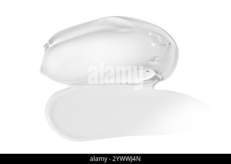 Composition de frottis de crème blanche et de frottis de gel transparent sur un fond vide. Produits de soin de la peau, textures hydratantes et hydratantes. Banque D'Images