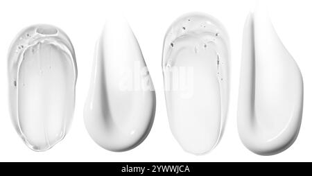 Ensemble de compositions comportant des frottis de crème blanche et des frottis de gel transparent sur un fond vide. Produits de soin, texte hydratant et hydratant Banque D'Images