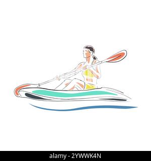 Femme sur le canoë, illustration de dessin vectoriel d'art de ligne isolé. Kayak sport nautique Illustration de Vecteur