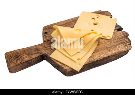 Tranches de fromage suisse avec des trous isolés sur fond blanc. vue de dessus. Banque D'Images