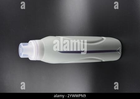 Une grande bouteille grise pour laver les vêtements, linge de lit, tissus. Une bouteille en plastique remplie d'un liquide visqueux violet avec un bouchon transparent. Banque D'Images