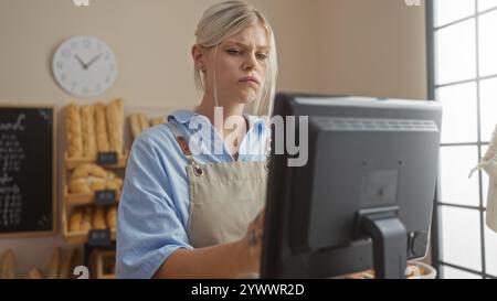 Jeune femme travaillant à un comptoir de boulangerie à l'intérieur, entourée de pain frais et de pâtisseries, utilisant un ordinateur, avec une expression sérieuse dans une pièce lumineuse Banque D'Images