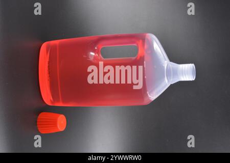 Une grande bouteille transparente pour laver les vêtements, le linge de lit, les tissus et les salles de nettoyage. Une bouteille en plastique remplie d'un liquide rouge avec un bouchon rouge vif Banque D'Images