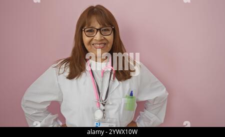 Souriante professionnelle de la santé hispanique d'âge moyen portant un manteau blanc et stéthoscope, debout avec confiance contre un dos rose isolé Banque D'Images