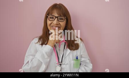 Médecin hispanique âgée portant des lunettes, isolée sur fond rose, souriant et posant avec un stéthoscope autour de son cou. Banque D'Images