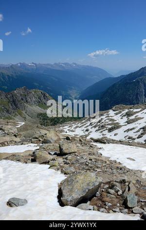 Un paysage montagneux dans les Alpes italiennes avec un terrain rocheux et des sommets enneigés sous un ciel dégagé. Gros rochers et parcelles de neige au premier plan. Banque D'Images