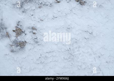 Surface recouverte d'une fine couche de neige à Stockholm, révélant des parcelles de sol et des rochers en dessous. Banque D'Images