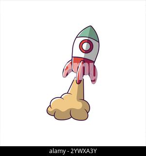 Lancement de fusée spatiale dans un design plat. Vaisseau fusée volant avec des flammes ardentes et fumée illustration simple, vecteur. Illustration de Vecteur
