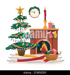 Toile de fond festive avec des décorations de Noël traditionnelles. Bannière ou carte vectorielle. Intérieur avec arbre du nouvel an, cheminée, bougies et chaussettes. Illustration de Vecteur