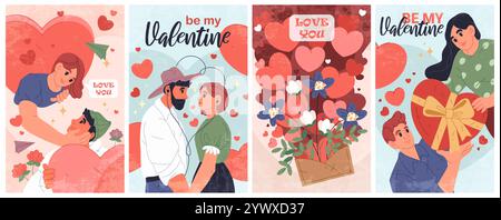 Cartes de voeux vectorielles pour la Saint-Valentin. Ensemble de valentines pour les couples amoureux. Bannières ou flyers pour des vacances romantiques, cadeau pour amoureux ou bien-aimé. Illustration de Vecteur