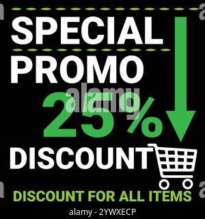 Promotion spéciale 25 % de réduction pour tous les articles bannière avec fond noir et thème vert Illustration de Vecteur