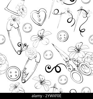 Outils de couture avec des fleurs, fond romantique rétro sans couture. Ciseaux, aiguilles, boutons, épingles, bobine de fil. Vintage old fashion, tailleur pour Illustration de Vecteur