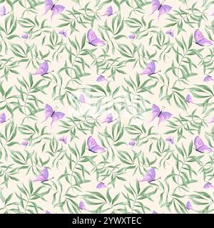 Papillons violets abstraits flottant parmi les feuilles vertes aquarelle motif sans couture sur fond beige. Branches d'eucalyptus illustration florale Banque D'Images