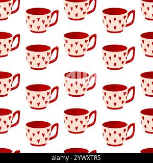 Motif sans couture avec mug avec coeur dans un style plat pour la Saint-Valentin. Tasse colorée sur fond blanc pour café, thé, boisson. Conception pour le web Illustration de Vecteur