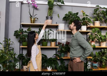 Un fleuriste qualifié s'engage avec un client, mettant en valeur de belles plantes dans une boutique accueillante. Banque D'Images