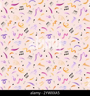 Ligne multicolore abstraite doodle et notes de musique noires modèle sans couture dans le style musical sur fond rose pastel. Coups de pinceau orange et violets Banque D'Images