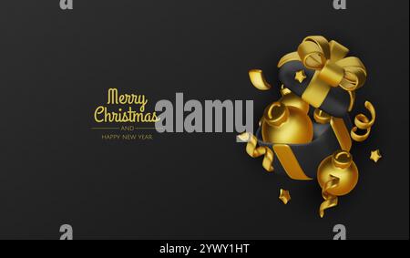 Boîte de cadeaux de Noël conception 3d réaliste. Boîte cadeau rose de composition de Noël tombant ouvert avec des objets décoratifs festifs, boule de boules. Bonne année Illustration de Vecteur