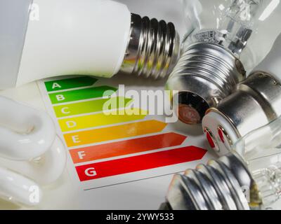 Gros plan d'une gamme d'ampoules à côté d'un graphique à barres de consommation d'énergie électrique, avec une échelle d'efficacité allant des lettres A à G, du vert au rouge. Banque D'Images