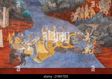 Cambodge, Cambodge, 2024-02-24, Phnom Penh, Palais royal de Phnom Penh, Palais royal de Phnom Penh, murale Ramayana, mythologie khmère, art, peint à la main Banque D'Images