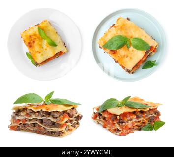 Morceaux de délicieuses lasagnes isolées sur blanc, ensemble Banque D'Images