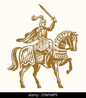 Chevalier en armure avec épée sur cheval. Chevalerie, symbole emblème guerrier médiéval. Illustration vectorielle dessinée à la main Illustration de Vecteur