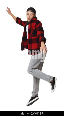 Beau jeune patineur sautant sur fond blanc Banque D'Images