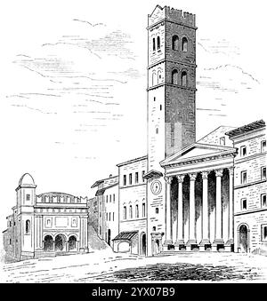 Place à assise, église et Palazzo Bozzoni avec tour, Pérouse, Ombrie, Italie, Europe du Sud, illustration historique 1877 Banque D'Images