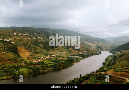 Le fleuve Douro serpente à travers la vallée pittoresque de Mesao frio, portugal, sous un ciel nuageux, mettant en valeur des vignobles en terrasses et des collines verdoyantes Banque D'Images