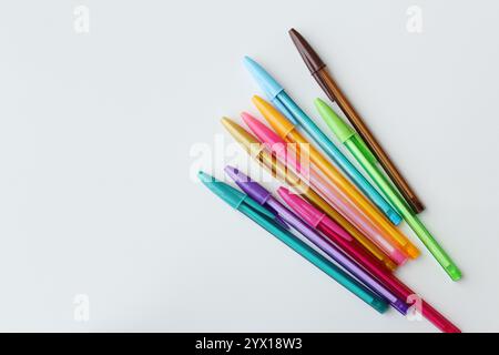 Bouquet de stylos colorés disposés en diagonale sur fond blanc. Papeterie de couleur, fournitures scolaires, leçon d'art, concept de créativité. Banque D'Images