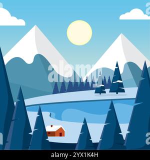 Lac de montagne enneigé avec arbres et cabane vecteur Illustration de Vecteur