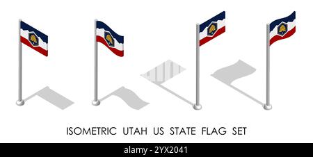 État isométrique des États-Unis de l'Utah en position statique et en mouvement sur le mât du drapeau. Repère d'épingle sur la carte de l'Utah. vecteur 3d isolé sur fond blanc Illustration de Vecteur