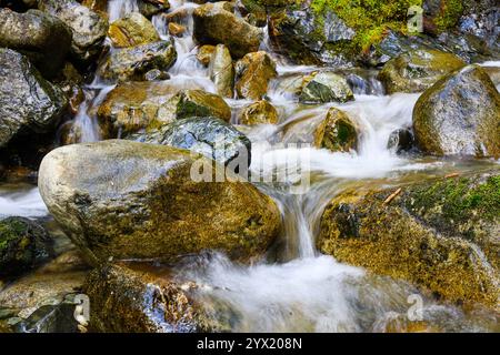 Ruisseau d'eau douce tombant sur les roches lisses de la rivière dans le paysage de montagne Banque D'Images