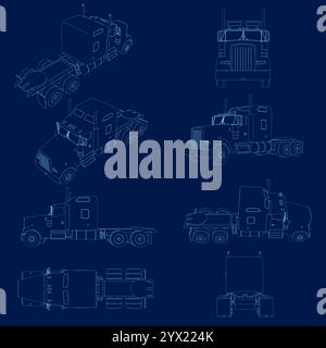 Ensemble vectoriel de contour les camions de fret, un contour de camion de semi-remorque et un ensemble d'icônes de véhicule Illustration de Vecteur