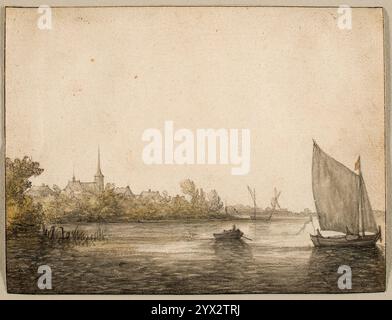 Vue d'IJsselmonde vue à travers la Nouvelle Maas par Aelbert Cuyp, dessin. Banque D'Images