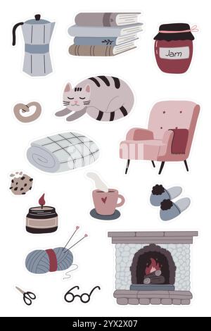 Cozy Winter Home Stickers ensemble avec chat, cheminée, livres, fil et boissons chaudes pour Scrapbooking et artisanat. Illustration vectorielle Illustration de Vecteur