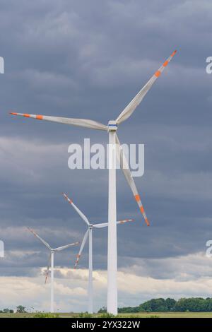 Une vue des éoliennes produisant de l'électricité à partir de sources d'énergie renouvelables sur fond de prairies et de nuages. Banque D'Images