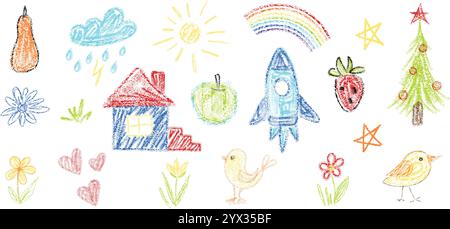 Ensemble de dessins de crayon de griffonnage ou de craie pour enfants. Illustration de Vecteur