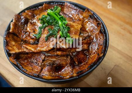 Bol à riz japonais Buta Don Pork avec des légumes verts sur le dessus Banque D'Images