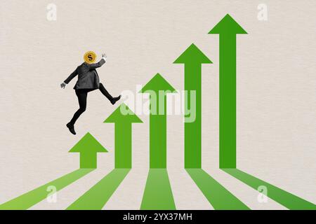 Investisseur ou homme d'affaires en cours d'exécution sur le graphique de croissance, investissement et concept de concurrence d'affaires, collage d'art contemporain Banque D'Images