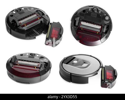 Aspirateur robotisé moderne isolé sur blanc, collage Banque D'Images