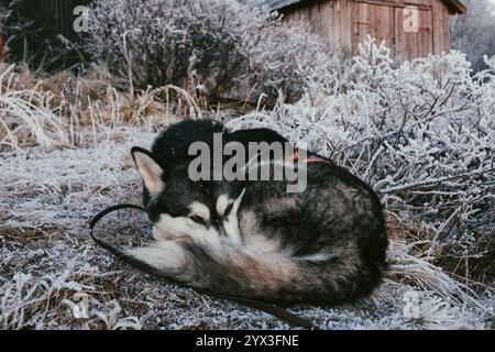 Un magnifique Malamute d'Alaska s'est enroulé et se reposant sur un matin glacial, entouré par un paysage d'hiver nordique serein. L'herbe et le RU recouverts de gel Banque D'Images