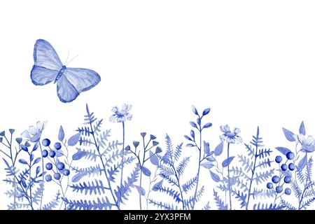 Cadre aquarelle de fleurs séchées bleues, camomille, eucalyptus, branches de fougères et papillon Banque D'Images