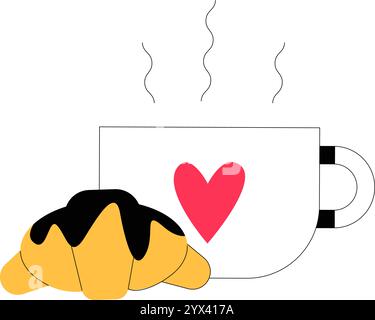 Tasse de café avec coeur et croissant dans illustration vectorielle plate symbolisant le café du matin, l'amour et le petit déjeuner, isolé sur fond blanc Illustration de Vecteur